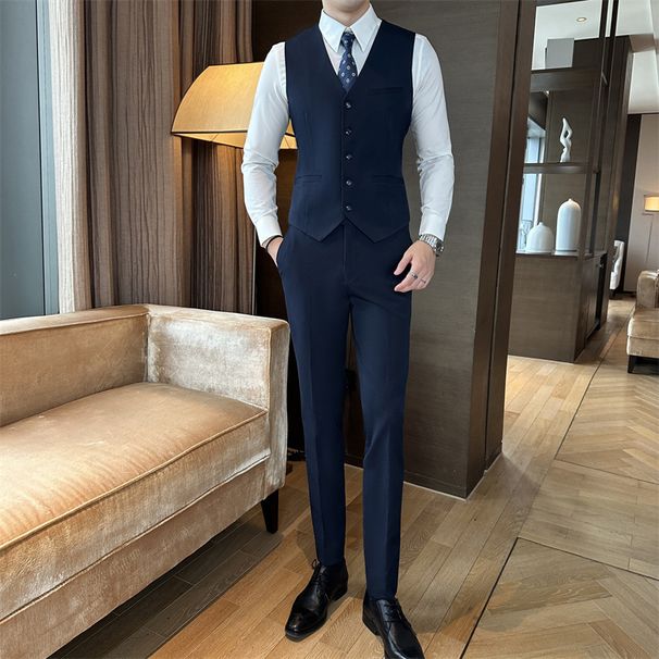 Men's Two-Button Slim Fit Suit Set – Business Formal & Wedding Blazer With Notch Lapel & Center Vent (Navy/Black/Gray, Optional Vest)_voghion.com