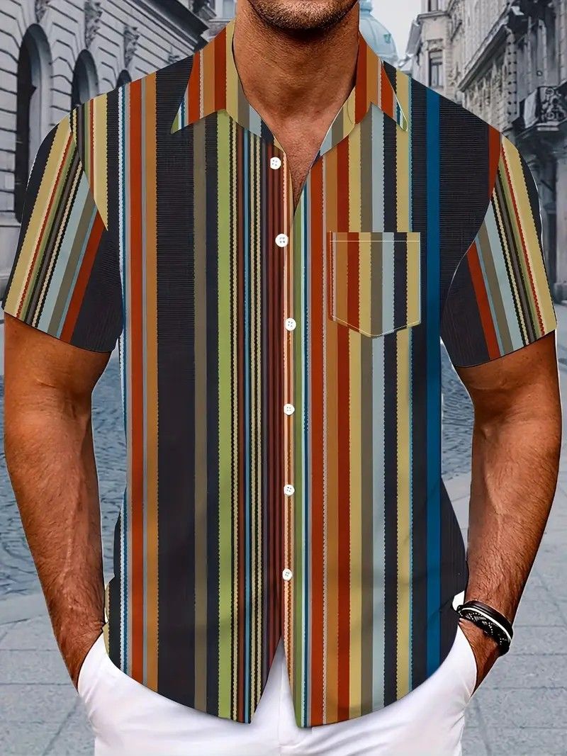 Casual Versatile High Quality Striped 3D Printed Short Sleeved Men's Shirt_voghion.com