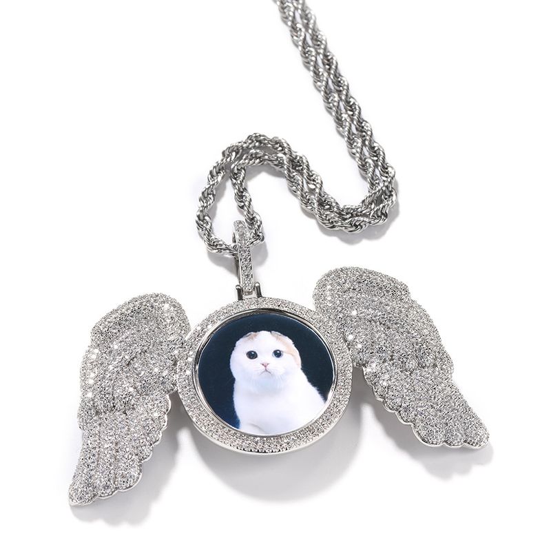 Hip Hop Diamond Wing Pendant Necklace – Custom Photo Frame Charm, Trendy European & American Street Jewelry_voghion.com
