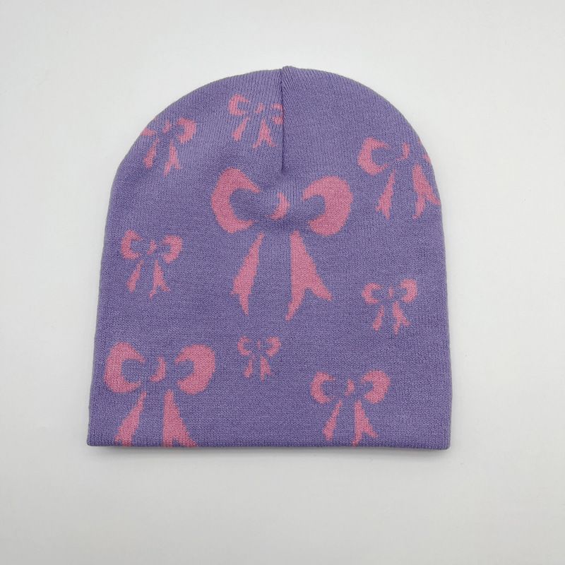 Women's Hats Beanie Net Red Jacquard Bow Knitted Wool Hat Warm Pullover Hat_voghion.com