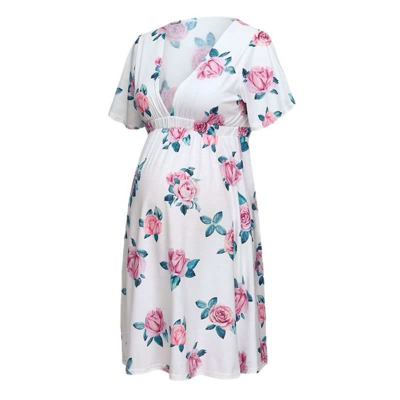 Pregnant women's elastic printed short sleeved V-neck maternity dress_voghion.com