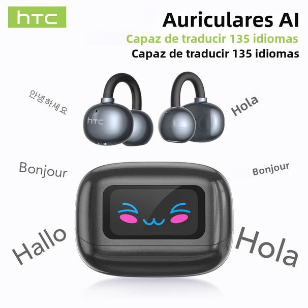 HTC NE54 V6.0 Bluetooth LCD Screen AI Translator Wireless Headphones With Ear Clip Noise Reduction For Sports And Office_voghion.com