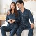 Ice Silk Couple Pajamas | Spring, Summer, Autumn Silk Long Sleeved Pants Set, Sweet Home Time--Checkered Blue Style_voghion.com
