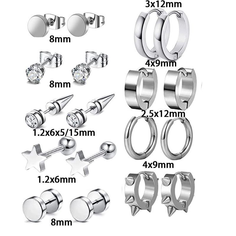 9 paia di orecchini in zircone nero argento orecchini a barretta rotondi set di personalità maschile combinazione_voghion.com