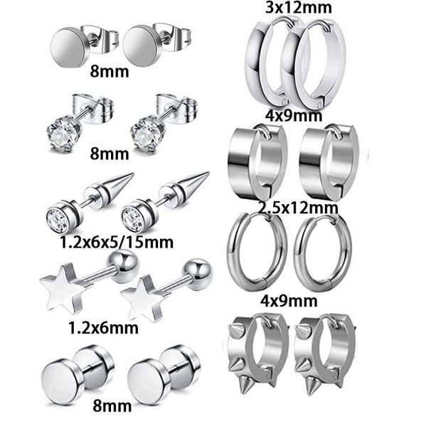 9 paia di orecchini in zircone nero argento orecchini a barretta rotondi set di personalità maschile combinazione_voghion.com