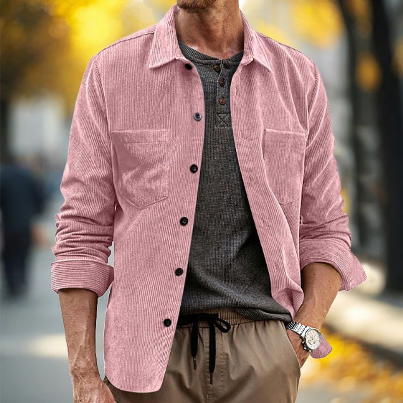Herrenbekleidung Hemd Cord Langarm Casual Pocket Revers Hemd Jacke_voghion.com