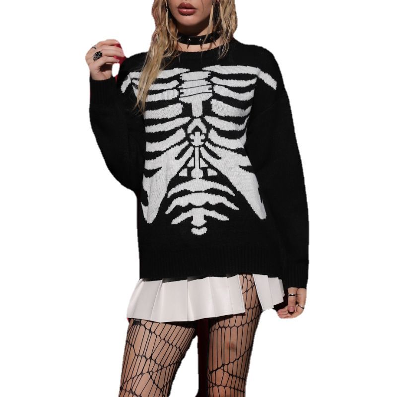 Hotsäljande gränsöverskridande gränsöverskridande Halloween tröja med rund hals lång ärm, stickade damkläder i mörk stil_voghion.com