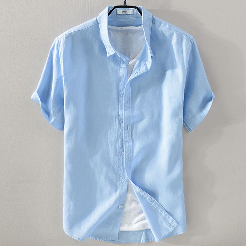 Herenoverhemd met korte mouwen van zuiver linnen - Ademend en lichtgewicht zomers casual overhemd, relaxte pasvorm, effen kleur (wit, beige, grijs, blauw) - XXS tot 5XL_voghion.com