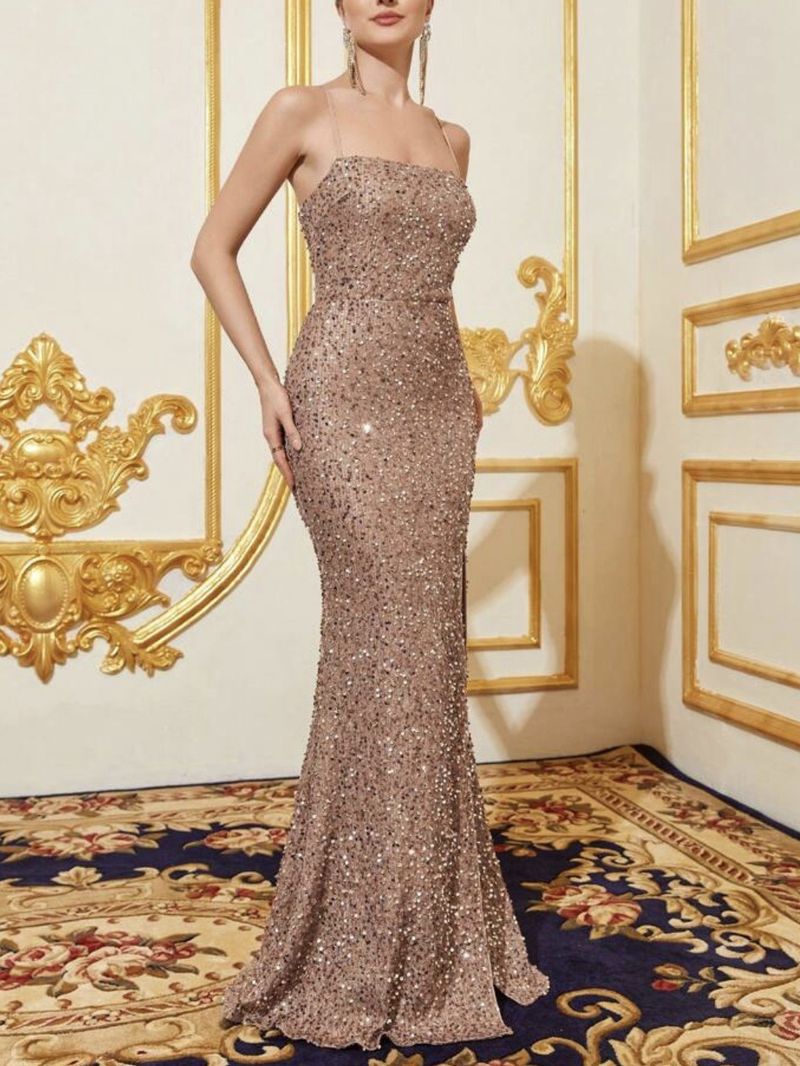 Women's Clothing High Waist Sexy Sequins Slit Bridesmaid Dress Suspenders Evening Dress_voghion.com