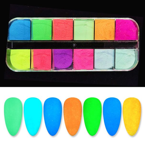12 - Color Boxed Set Of Nail Art Fluorescent & Luminous Powder - Colored Shiny Glow - In - The - Dark Accessories_voghion.com