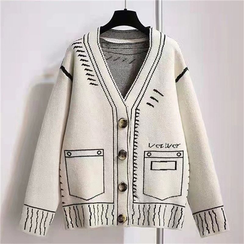 Dameskleding brede nieuwe zwart-wit silhouet schilderij graffiti trui dames losse luie vest jas gebreide top_voghion.com