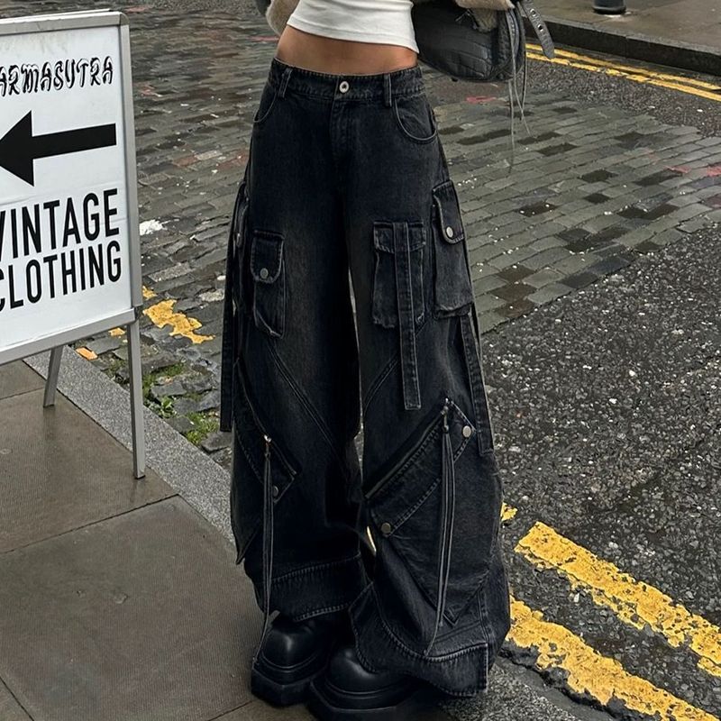 Jeans retrò da donna con tasche multiple, tute di design, pantaloni hip hop da strada per ragazze hot_voghion.com