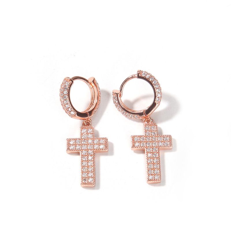 Orecchini pendenti a forma di croce da uomo e da donna con pietre di zircone - Gioielli in stile geometrico hip hop in oro, argento e oro rosa_voghion.com