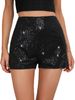 2025 Fashion Sequin Slim Fit Hot Pants Black Solid Color Mid-Waist Sexy Straight Shorts_voghion.com