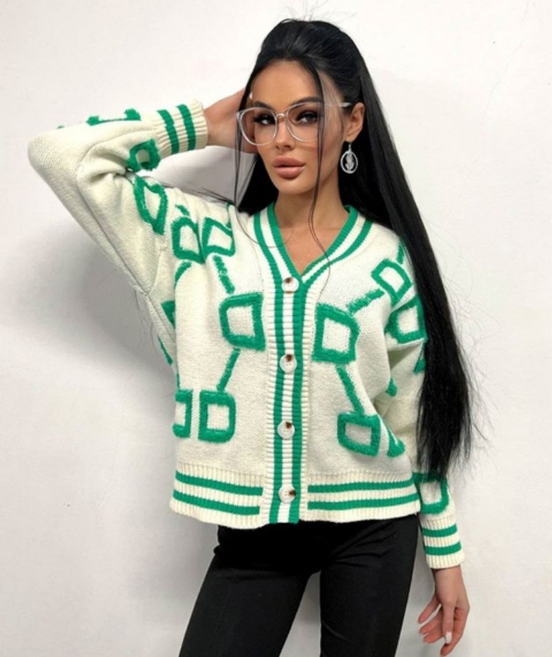 Women's Clothing Casual Color contrast Letter breasted Long sleeved Knitted Sweater Cardigan Jacket_voghion.com