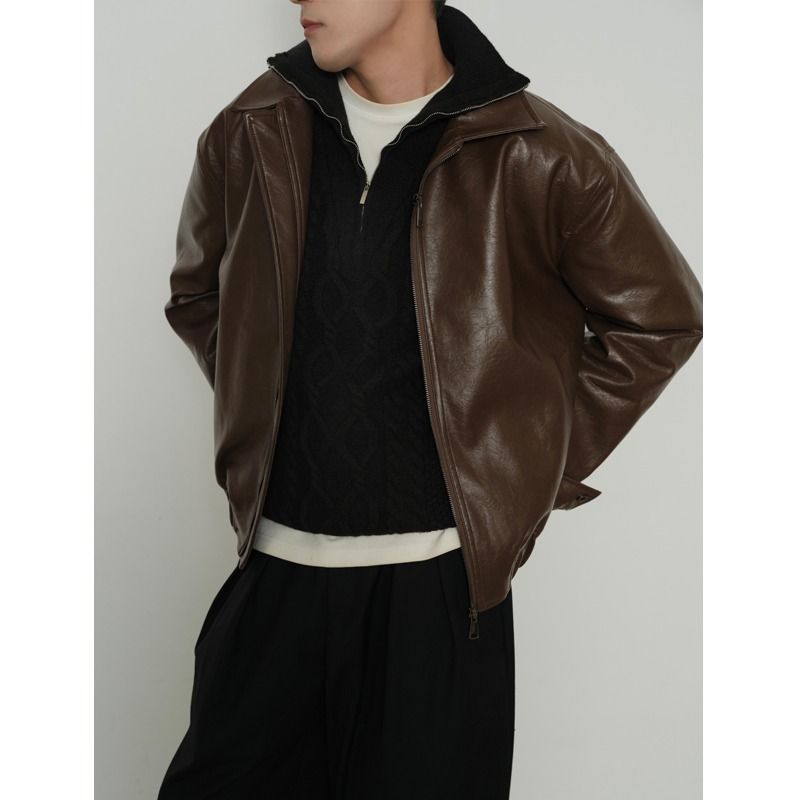 Herrenbekleidung Retro lockeres Revers High-End-Motorrad lässig kurze Lederjacke_voghion.com