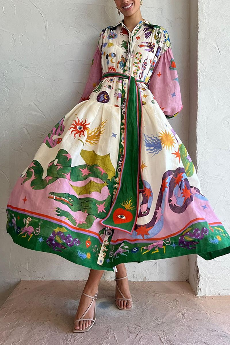 Rochie retro plisată, imprimeu oversize, cu mânecă lungă, lejeră_voghion.com