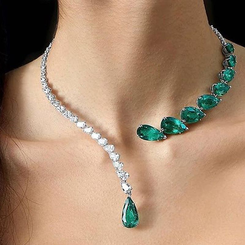 Fashion Accessories Luxurious Green Water Drop Necklace Bride Wedding Evening Full Diamond Choker_voghion.com