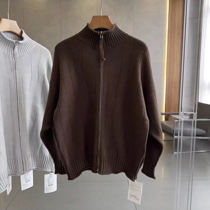 Îmbrăcăminte bărbătească toamna și iarna simplă, asortată, culoare solidă, cu fermoar, guler înalt, lejer, casual, tricotat, cardigan, pulover bărbătesc, jachetă de iarnă pentru bărbați_voghion.com