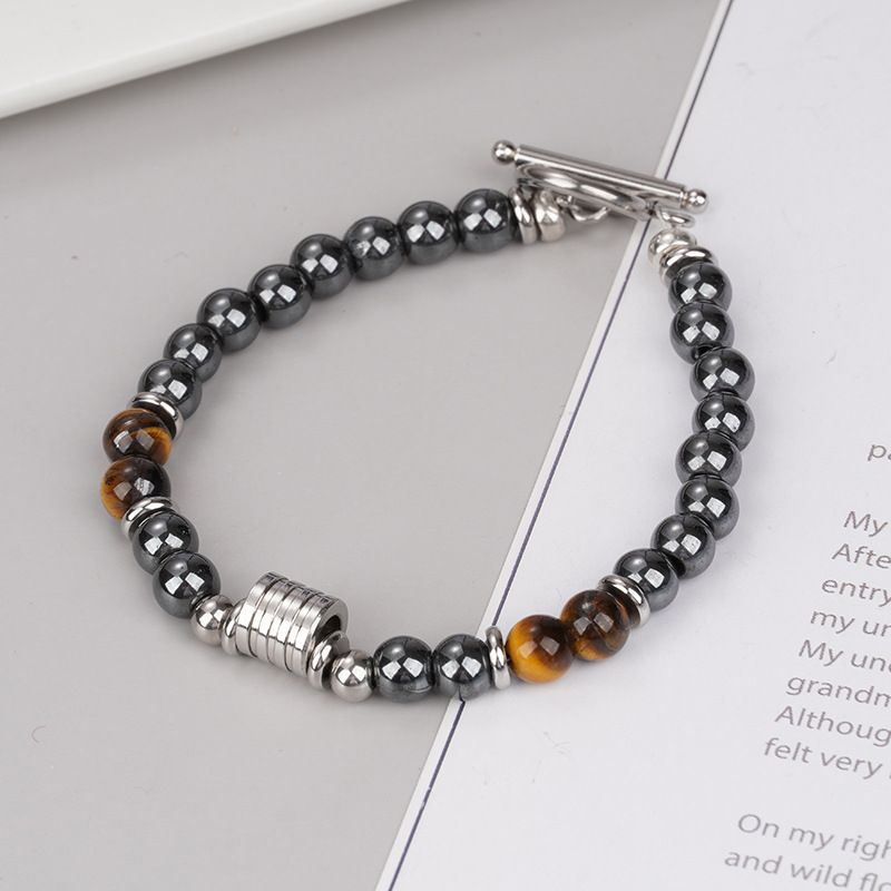 Bracciale da uomo in pietra occhio di tigre con fibbia OT in acciaio inossidabile, stile semplice, nuovo, transfrontaliero europeo e americano_voghion.com