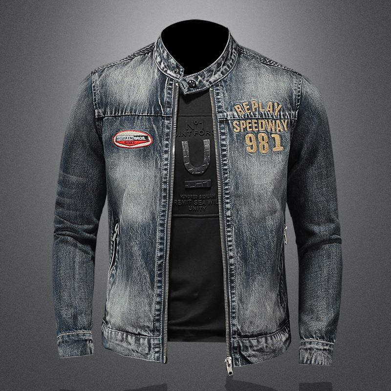 Giacca da uomo in denim ricamato con colletto a molla_voghion.com