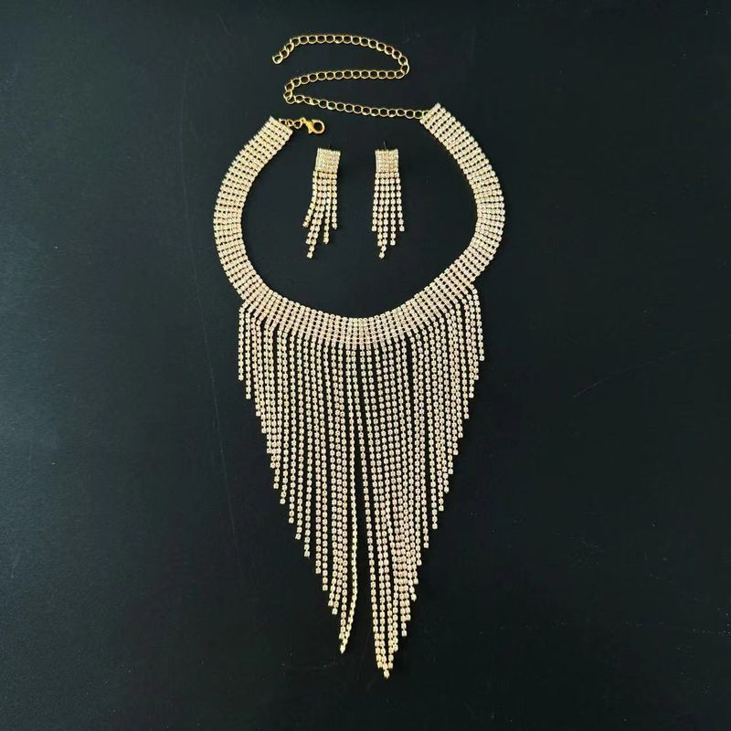 Set di orecchini con nappe lunghe e diamantate per gioielli da sposa, collana e orecchini Rhie alla moda, due pezzi_voghion.com