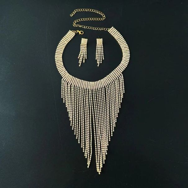 Set di orecchini con nappe lunghe e diamantate per gioielli da sposa, collana e orecchini Rhie alla moda, due pezzi_voghion.com