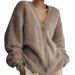 Women's Oversized VNeck Cardigan Sweater Soft Acrylic Knit Fall Winter Coat Cozy Casual Long Sleeve Open Front Outerwear (Grey/Khaki/Black/Pink/White)_voghion.com