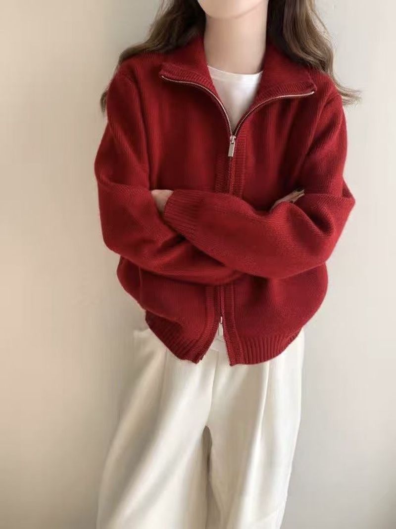 Double-Zip Knit Cardigan – Seoul Minimalism (Breathable Polyester Blend, 6 Neutral & Bold Hues)​_voghion.com