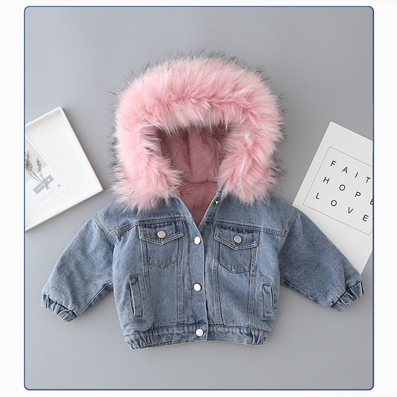 Toddler Girls Clothing small and medium children's children's thickened velvet denim jacket for boys with large fur collar cotton coat_voghion.com