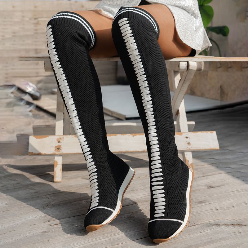 2024 Autumn/Winter Round Head Flat Knitted Elastic Socks Women's Large Casual Color blocked Over Knee Boots_voghion.com
