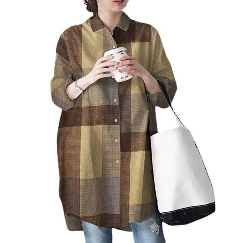 Vrouwen moslim kraag button down losse top shirt asymmetrische zoom geruite shirt_voghion.com