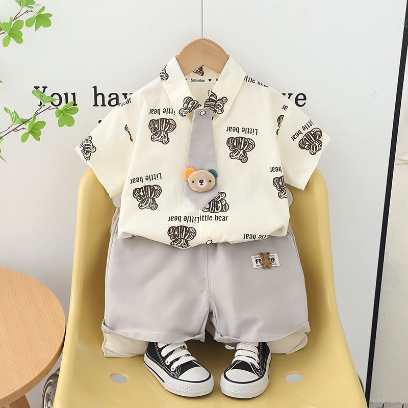 Boys Summer 2024 New Baby Short Sleeves Handsome Korean Edition Foreigner Polo Tie T-shirt Shorts Set_voghion.com