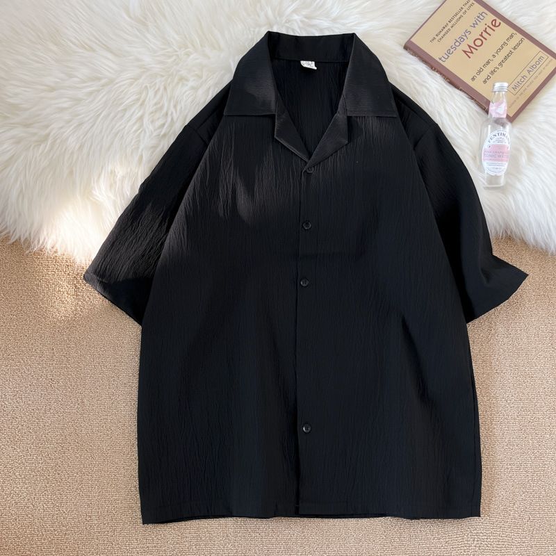 Men's Clothing Pleated Ice Silk Shirt Short Sleeved Loose Collar Shirt Trendy Design Cool Top_voghion.com