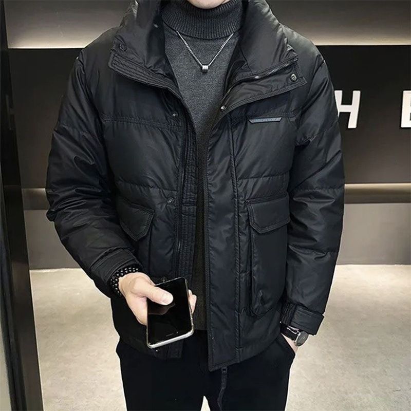 Premium White Duck Down Jacket For Men - Winter Warm Thick Padded Coat With High-Quality Fill, Solid Color Design For Cold Weather Protection_voghion.com