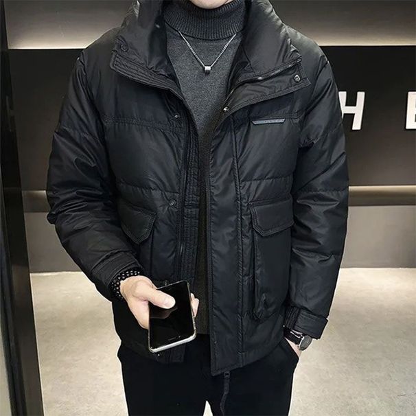 Premium White Duck Down Jacket For Men - Winter Warm Thick Padded Coat With High-Quality Fill, Solid Color Design For Cold Weather Protection_voghion.com