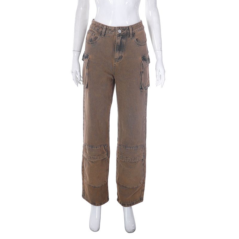 K23PT003 frauen Sommer Neue Einfarbig Casual Zipper Taste Hohe Taille Tasche Denim Casual Hosen_voghion.com
