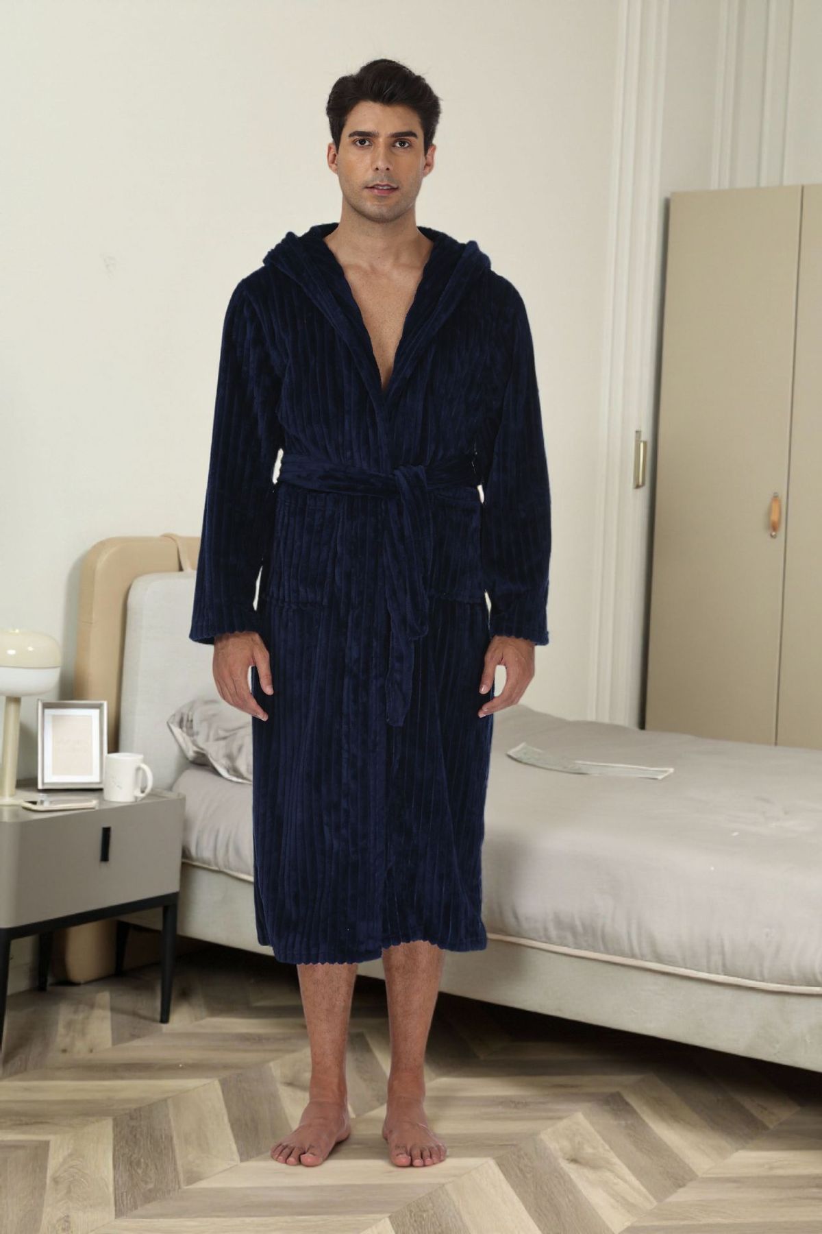 Accappatoio lungo con cappuccio e lacci da uomo, termico, spesso, per autunno e inverno_voghion.com