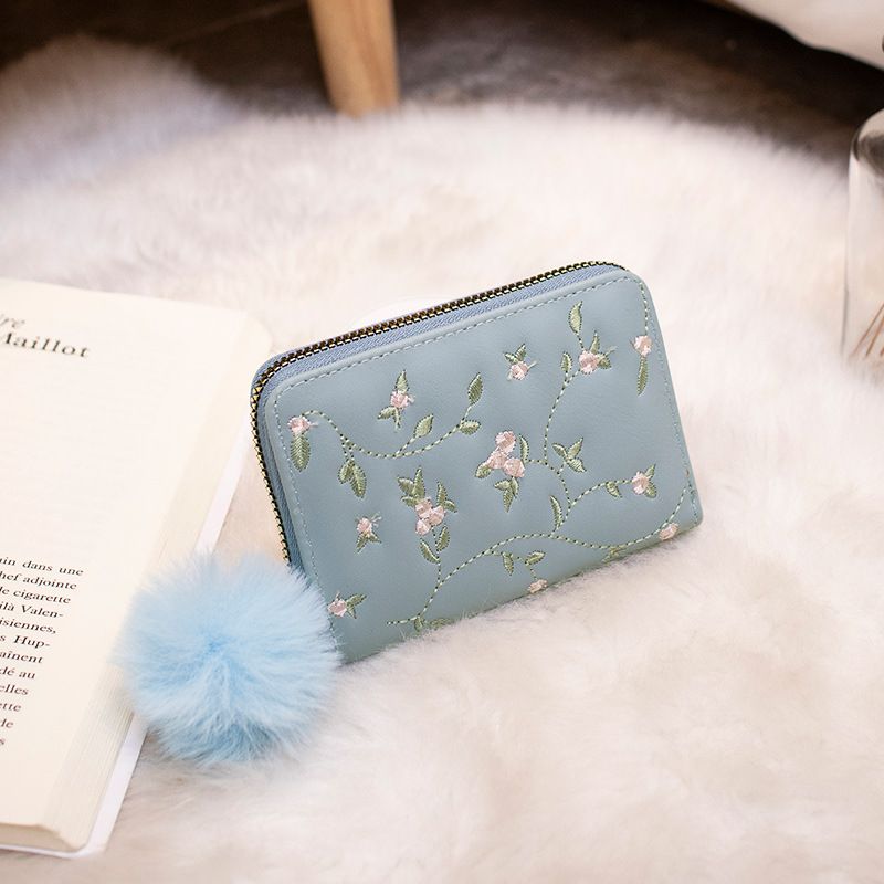 Bestickte Geldbörse im Vintage-Stil mit Pompom-Anhänger – Kurze Geldbörse mit mehreren Kartenfächern, süße Akkordeon-Handtasche für Mädchen_voghion.com