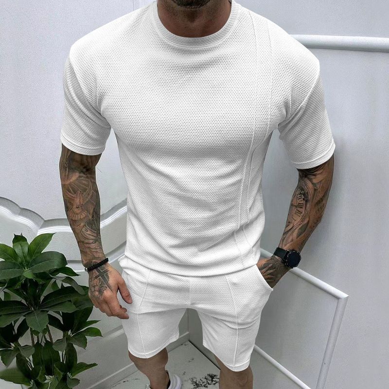 2024 Lato Jednolity Kolor Krótkie Rękawy Okrągły Dekolt T-shirt Sportowy Męski Casualowy Dwuczęściowy Zestaw_voghion.com