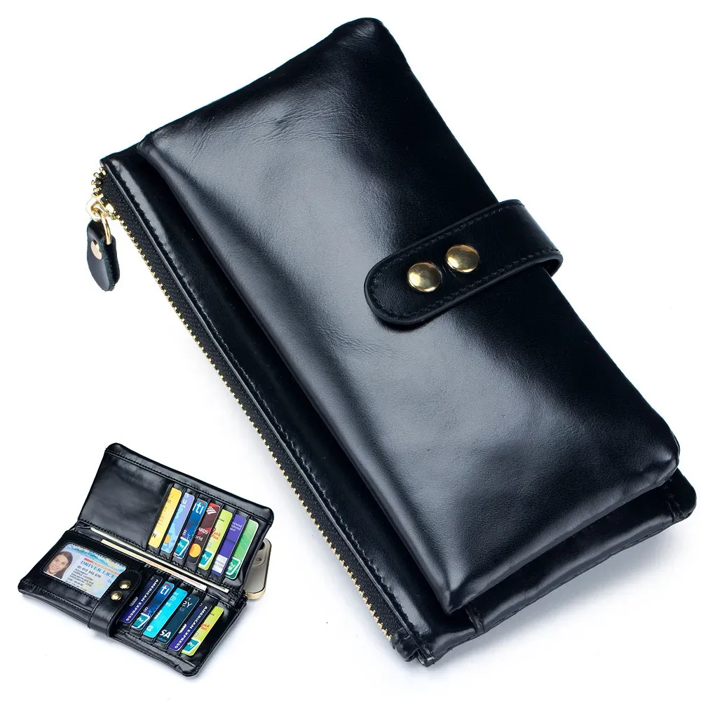 Free Shipping Designer Oil Wax Long Genuine Leather Multi-card Slot Card Holder Cowhide Multi-function Wallet Phone Bag_voghion.com