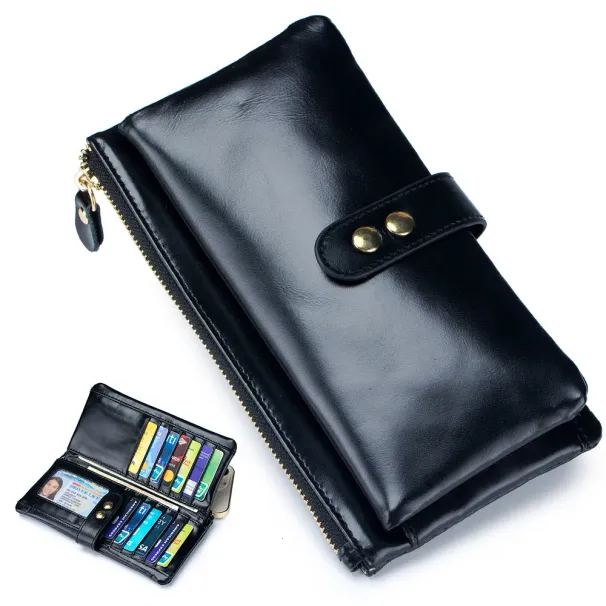 Free Shipping Designer Oil Wax Long Genuine Leather Multi-card Slot Card Holder Cowhide Multi-function Wallet Phone Bag_voghion.com