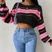 Contrast Striped Off Shoulder Knit Sweater, Short Cut With Exposed Navel Pullover, Long Sleeved Sweater_voghion.com