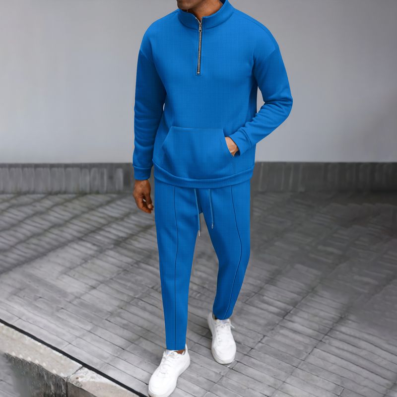 Ensemble sweat-shirt et pantalon en tricot gaufré pour homme, col haut, demi-zip et poches - Tenue décontractée et confortable pour l'automne (kaki, gris, noir, blanc, bleu) S-XXXL_voghion.com