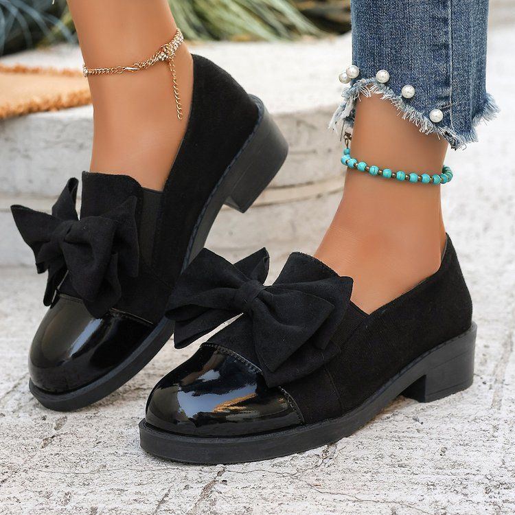 Chunky Round Toe High Heels With Bow Plus Size Women's Shoes_voghion.com