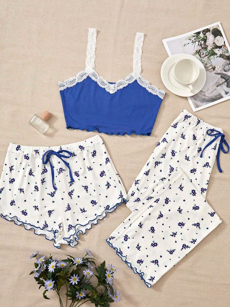 Dames pyjamaset met bloemenprint, zomerse shorts met jarretels, schattige driedelige loungewearset voor dames_voghion.com
