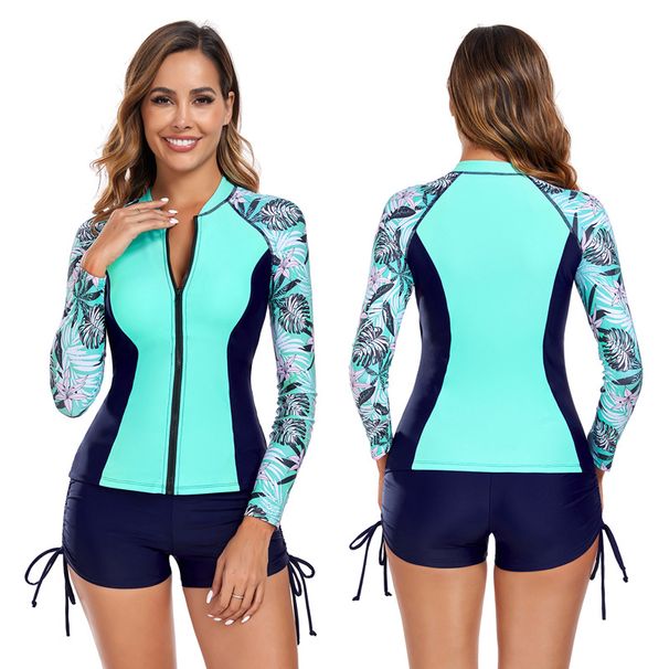 Sexy zweiteiliger Neoprenanzug für Damen – Langärmliger Rashguard mit Farbblockdesign und Frontreißverschluss zum Surfen und für heiße Quellen_voghion.com