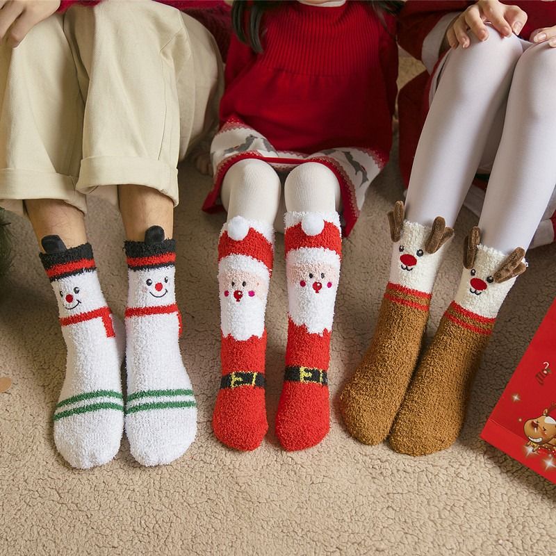 3-Pair Women's Coral Fleece Christmas Socks, Non-Shedding Fuzzy Sleep Socks With Half-Side Plush, Festive Ankle Socks For Home_voghion.com
