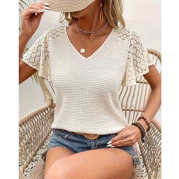 Eleganter, lockerer, lässiger Strickpullover für Damen im neuen Stil mit V-Ausschnitt und Spitze_voghion.com