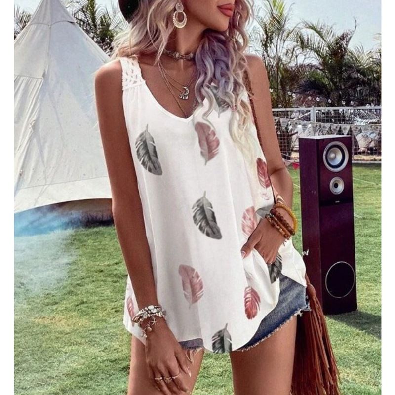Damenbekleidung, ärmelloses Spitzen-Camisole mit Federdruck und V-Ausschnitt_voghion.com